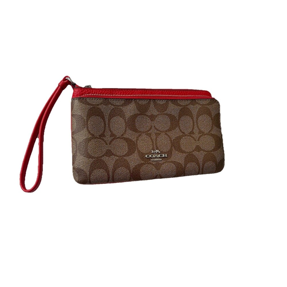Coach Tan and Red Wristlet with Classic C Logo Wristlet Double Zipper